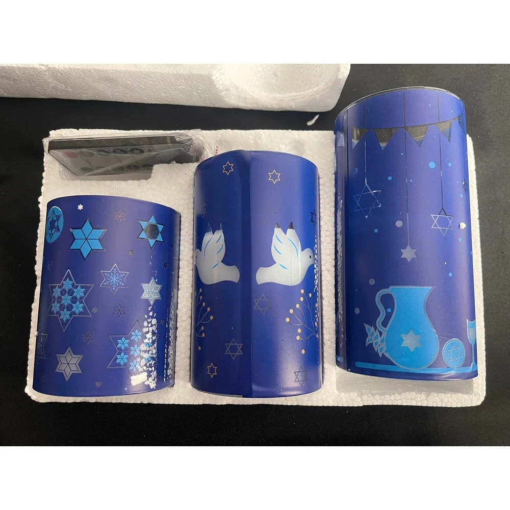 Hanukkah LED Flameless Candle Set 3 Pack Blue Menorah Star of David with‎ Remote
